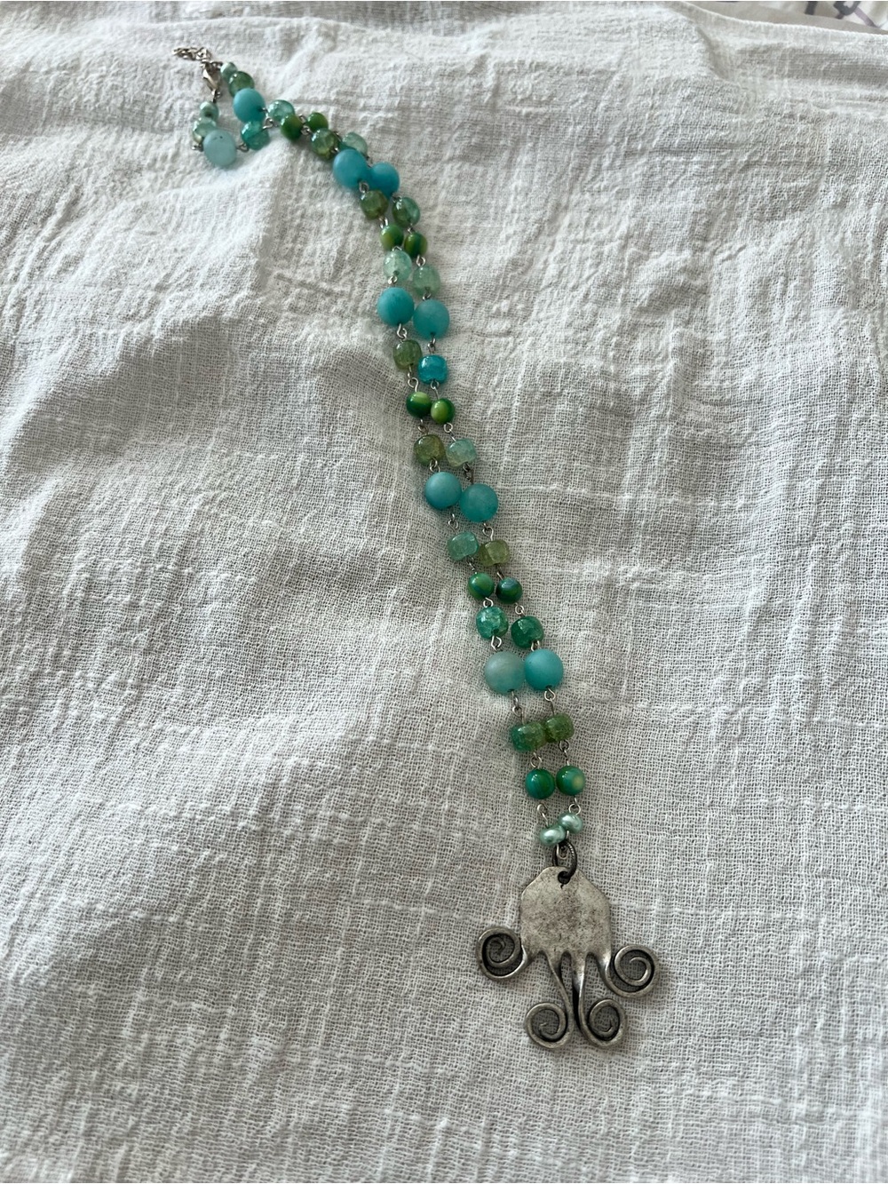 Green & Aqua Beaded Octopus Pendant Necklace